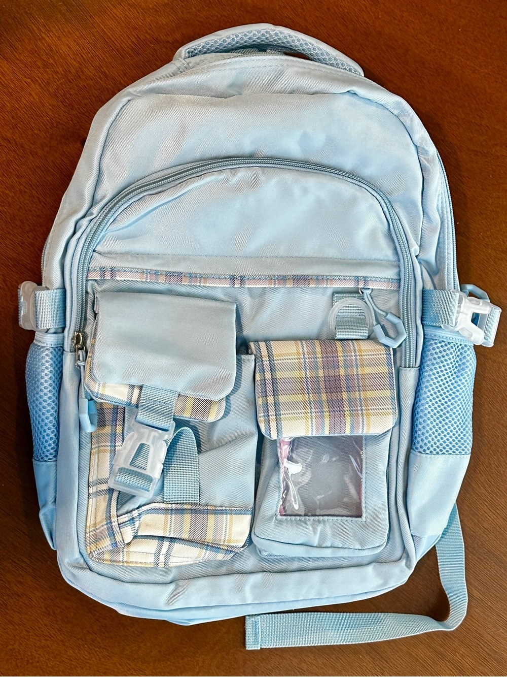 Light Blue Kids Backpack with Plaid Pockets